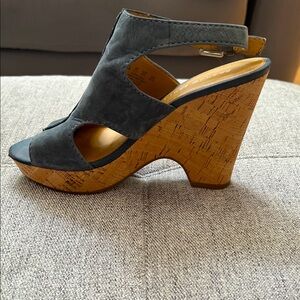 Franco Sarto Blue and Tan Wedge Sandals